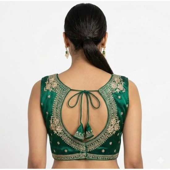 Generic Women's Silk Embroidered V-Neck Sleeveless Readymade Padded Blouse (Green, Size 38)