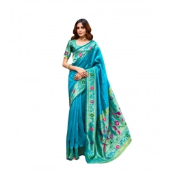 Generic Women's Silk Blend Woven Saree With Unstitched Blouse 5.5 Mtr (Aqua_Blue)