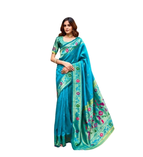 Generic Women's Silk Blend Woven Saree With Unstitched Blouse 5.5 Mtr (Aqua_Blue)