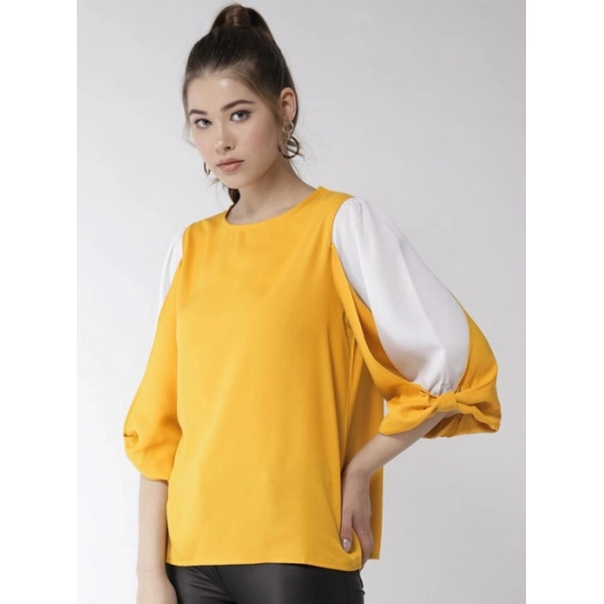 Generic Women's Polyester Colour Block Slit Sleeve Top (Yellow-White) Generic Women's Polyester Colour Block Slit Sleeve Top (Yellow-White)