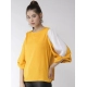 Generic Women's Polyester Colour Block Slit Sleeve Top (Yellow-White) Generic Women's Polyester Colour Block Slit Sleeve Top (Yellow-White)
