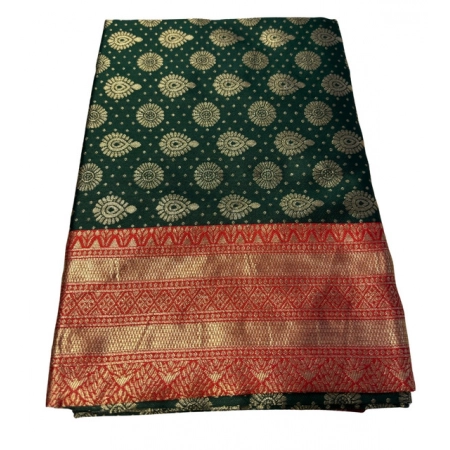 Generic Women's Jacquard Printed Saree With Unstitched Blouse 5.5Mtr (Bottle Green)