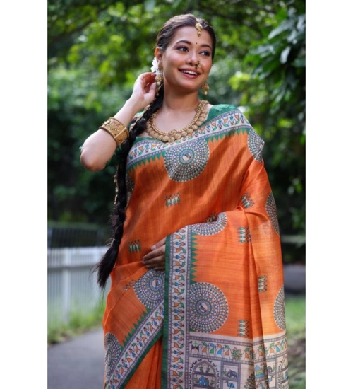 Generic Women's Faux_Tussar_Silk Printed Saree With Unstitched Blouse 5.5Mtr (Orange) Generic Women's Faux_Tussar_Silk Printed Saree With Unstitched Blouse 5.5Mtr (Orange)