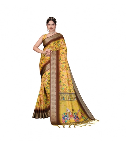 Generic Women's Cotton Silk  Printed Saree With Unstitched Blouse 5.5Mtr (Yellow)