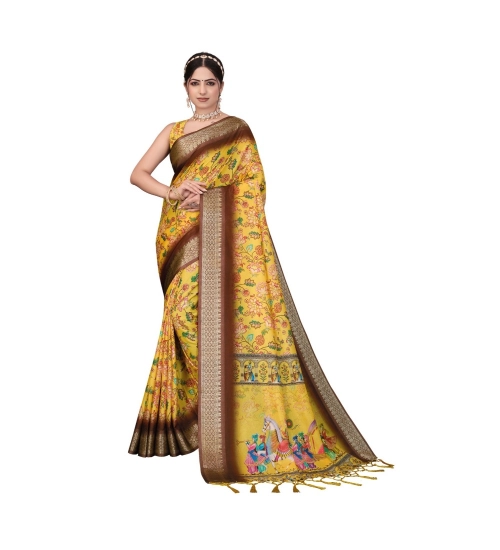 Generic Women's Cotton Silk  Printed Saree With Unstitched Blouse 5.5Mtr (Yellow)
