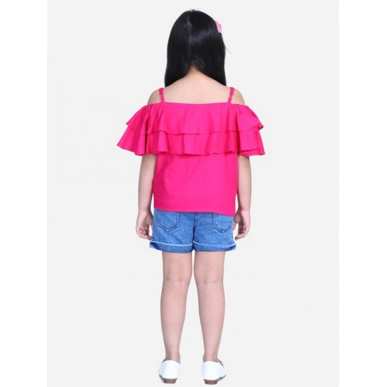 Generic Girl's Rayon Solid Cold Shoulder Top with Shorts (Pink-Blue)