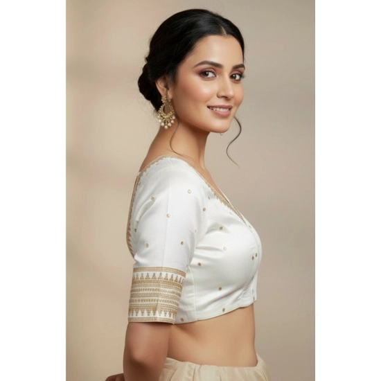 Generic Women's Vichitra Silk V Neck Padded Blouse (White, 38 Ready Size (Self-Alterable 36–40)