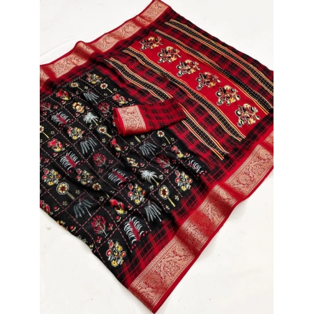 Generic Women's Dola Silk Printed Saree With Unstitched Blouse 5.5Mtr (Black)