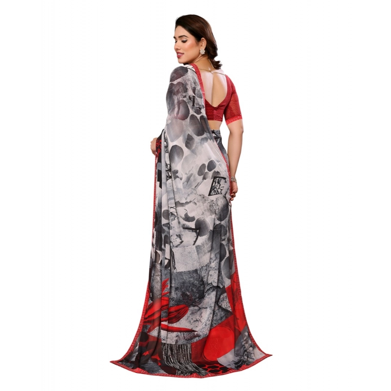 Women's Georgette Printed Saree With Unstitched Blouse 5.5Mtr (Red)
