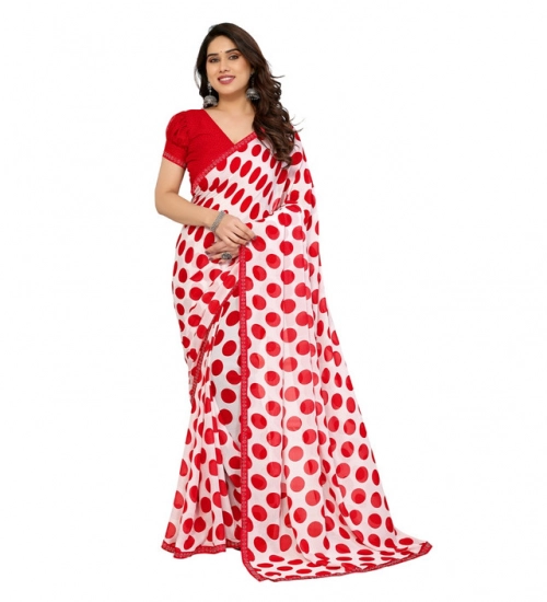 Generic Women's Georgette Printed Saree With Unstitched Blouse 5.5Mtr (Red-White)