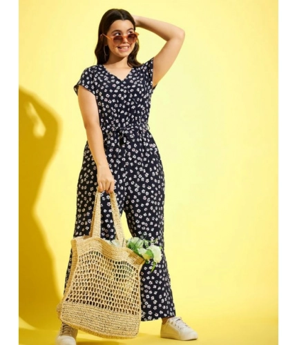 Generic Girl's Polyester Moss Floral Short Sleeves Jumpsuit (Navy-white)