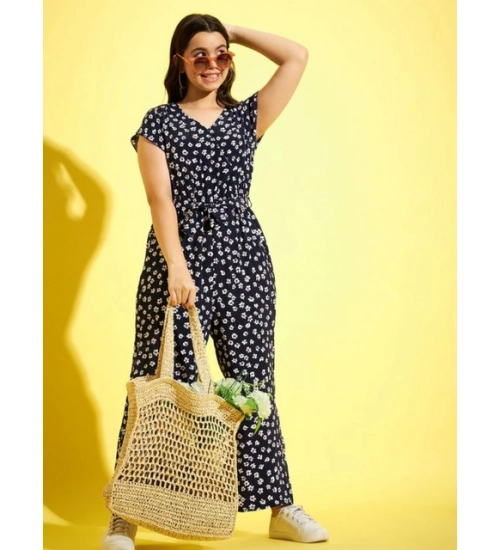 Generic Girl's Polyester Moss Floral Short Sleeves Jumpsuit (Navy-white)