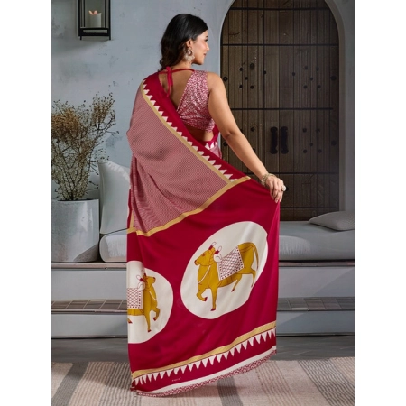 Women's Satin Crepe Printed Saree With Unstitched Blouse 5.5Mtr (Red)