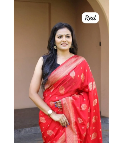 Generic Women's Soft Lichi Silk Printed Saree With Unstitched Blouse 5.5Mtr (Red)
