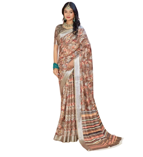 Generic Women's Printed Cotton Linen Saree withPrinted  Saree With Unstitched Blouse (Brown , 5-6Mtrs)
