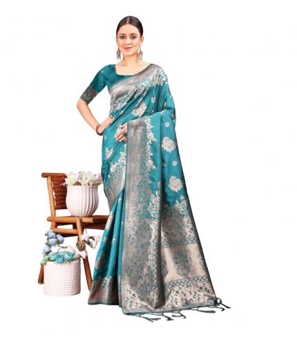 Generic Women's Banarasi Silk Printed Saree With Unstitched Blouse 5.5Mtr (Sea Green)