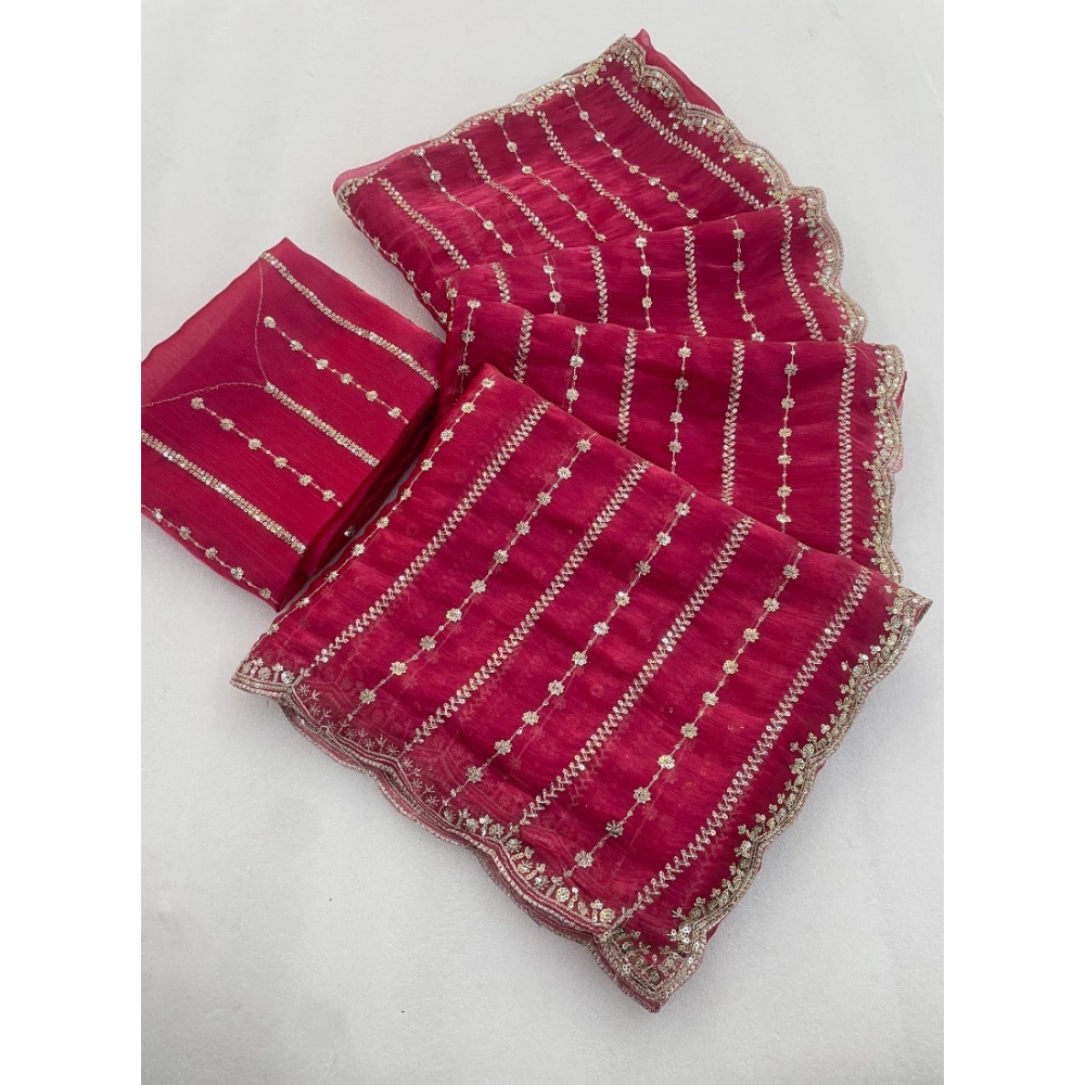 Generic Women's Jimmy Choo Embellished Saree With Unstitched Blouse 5.5Mtr�(Pink)