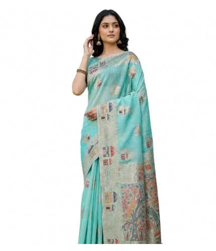 Generic Women's Linen Cotton Printed Saree With Unstitched Blouse 5.5Mtr (Sky Blue)