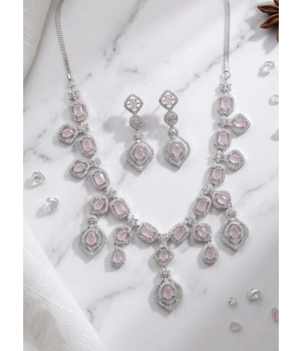 Generic Women's Brass Silver Plated Necklace set (Pink)