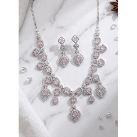 Generic Women's Brass Silver Plated Necklace set (Pink)