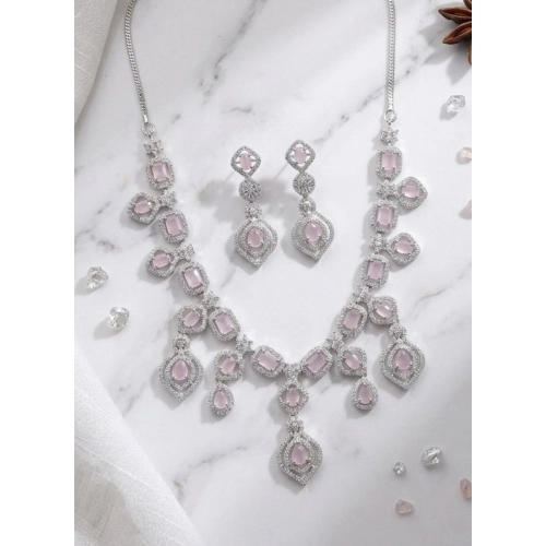 Generic Women's Brass Silver Plated Necklace set (Pink)