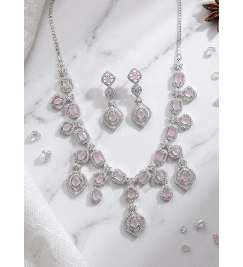 Generic Women's Brass Silver Plated Necklace set (Pink)
