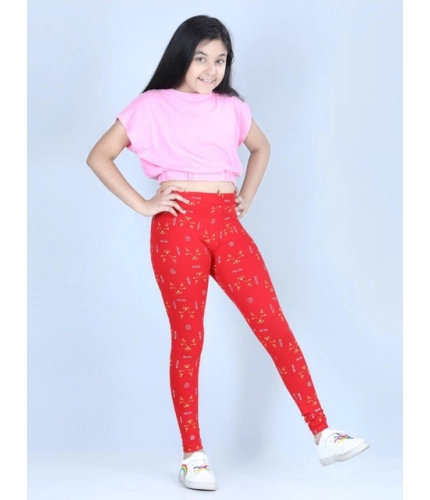 Generic Girl's Cotton Lycra Printed Elasticated Leggings (Red)