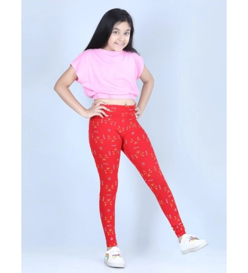 Generic Girl's Cotton Lycra Printed Elasticated Leggings (Red)