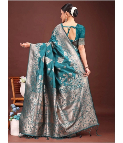 Generic Women's Banarasi Silk Printed Saree With Unstitched Blouse 5.5Mtr (Sea Green)