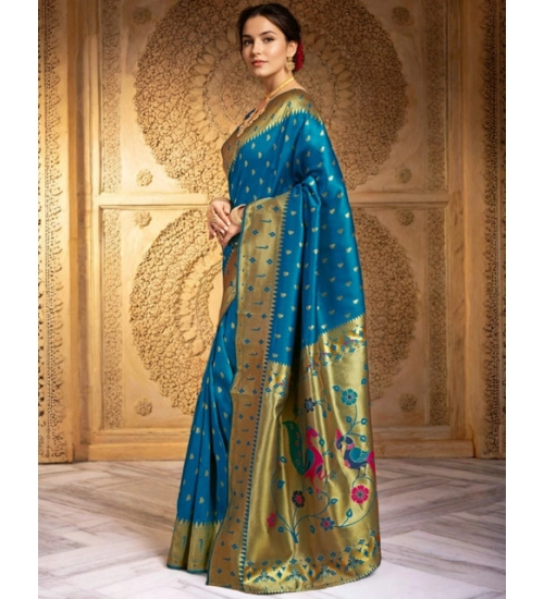 Generic Women's Silk Blend Zari Weaving Saree With Unstitched Blouse 5.5Mtr (Turquoise)