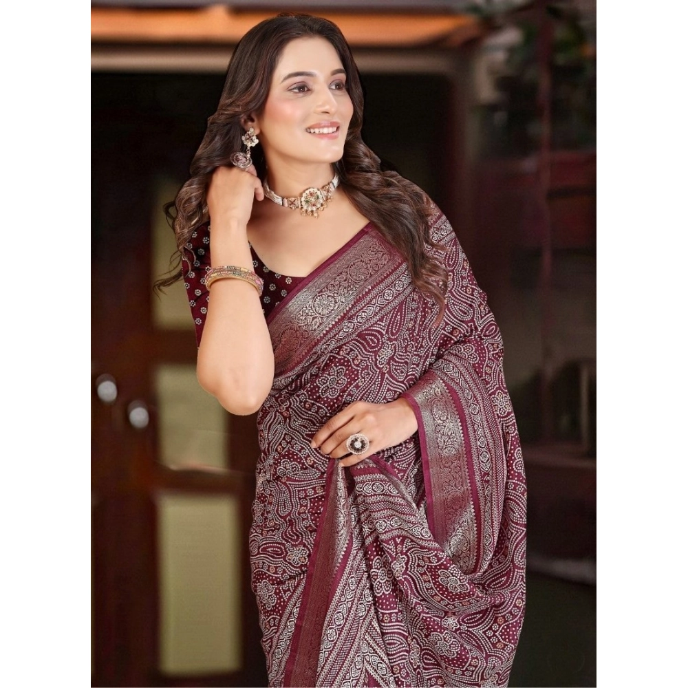 Women’s Cotton Silk Floral Printed Saree With Unstitched Blouse 5.5Mtr (Maroon)