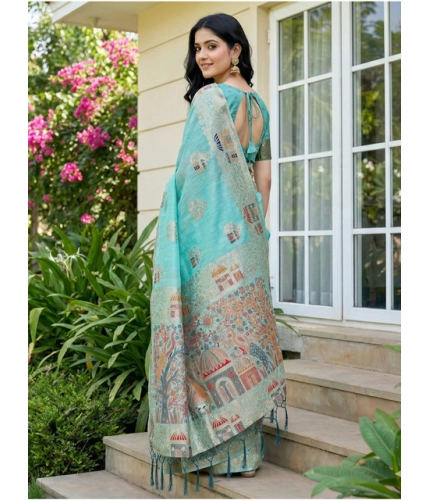 Generic Women's Linen Cotton Printed Saree With Unstitched Blouse 5.5Mtr (Sky Blue)