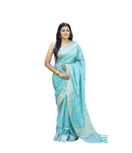 Generic Women's Soft Lichi Silk Printed Saree With Unstitched Blouse 5.5Mtr (Sky-Blue)