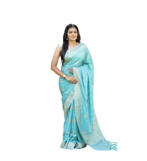 Generic Women's Soft Lichi Silk Printed Saree With Unstitched Blouse 5.5Mtr (Sky-Blue)