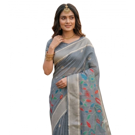 Generic Women's Linen Cotton Floral Embroidered Saree With Unstitched Blouse 5.5Mtr (Gray)