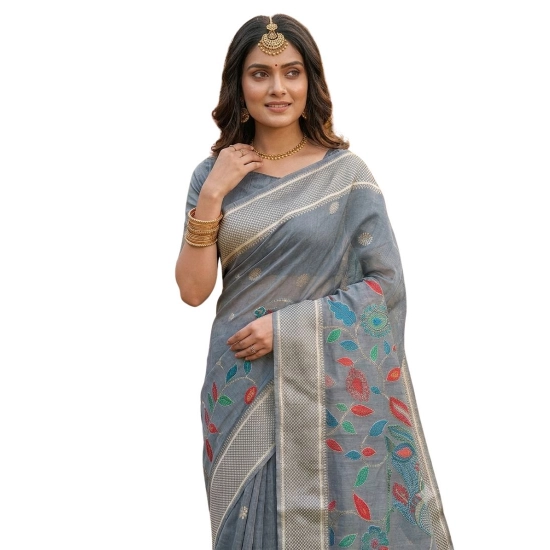 Generic Women's Linen Cotton Floral Embroidered Saree With Unstitched Blouse 5.5Mtr (Gray) Generic Women's Linen Cotton Floral Embroidered Saree With Unstitched Blouse 5.5Mtr (Gray)