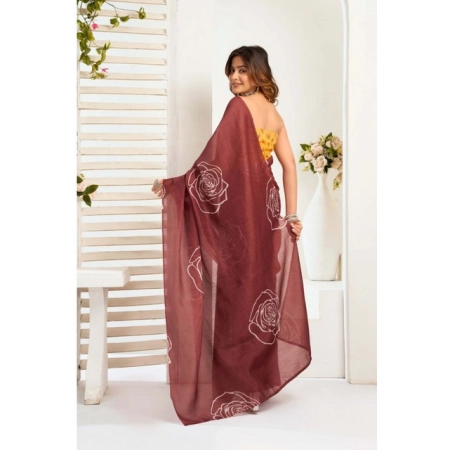 Generic Women's Faux_Linen Printed Ready-to-Wear Saree With Unstitched Blouse 5.5 Mtr (Brown)