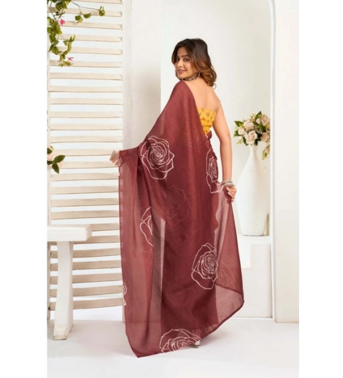 Generic Women's Faux_Linen Printed Ready-to-Wear Saree With Unstitched Blouse 5.5 Mtr (Brown)