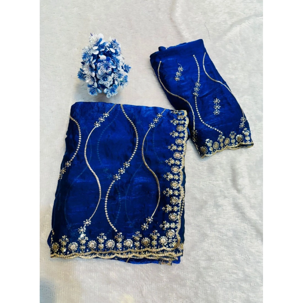 Generic Women's Jimmy Choo Embellished Saree With Unstitched Blouse 5.5Mtr�(Royal Blue)