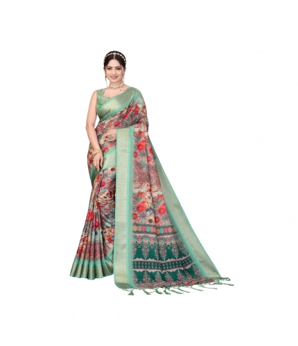 Generic Women's Cotton Silk  Printed Saree With Unstitched Blouse 5.5Mtr (Light Green)