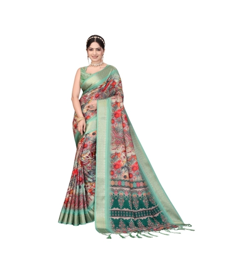 Generic Women's Cotton Silk  Printed Saree With Unstitched Blouse 5.5Mtr (Light Green)
