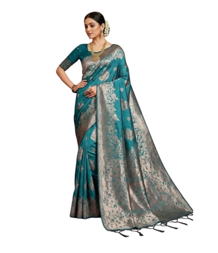 Generic Women's Silk Blend Printed Saree With Unstitched Blouse 5.5Mtr (Sea Green)