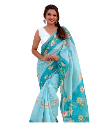 Generic Women's Linen Printed Saree With Unstitched Blouse 5.5Mtr (Aqua)