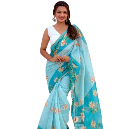 Generic Women's Linen Printed Saree With Unstitched Blouse 5.5Mtr (Aqua)