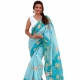 Generic Women's Linen Printed Saree With Unstitched Blouse 5.5Mtr (Aqua)