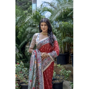 Generic Women's Faux_Tussar Geometric_Print Saree With Unstitched Blouse 5.5Mtr (Red)