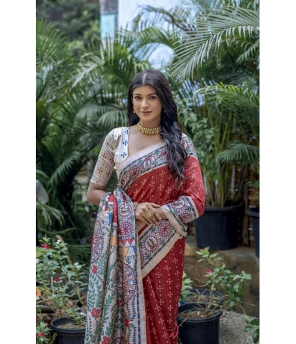 Generic Women's Faux_Tussar Geometric_Print Saree With Unstitched Blouse 5.5Mtr (Red)