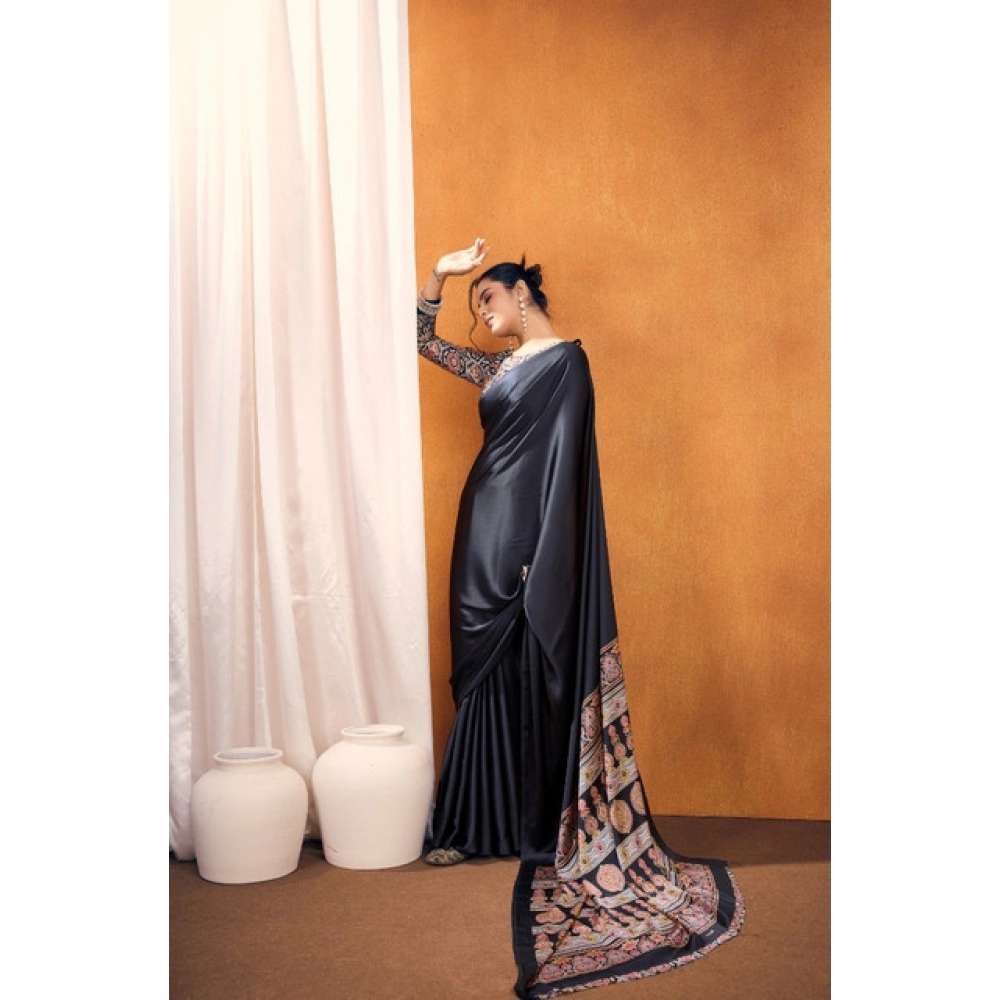 Generic Women's Satin Crepe Printed Saree With Unstitched Blouse 5.5Mtr (Black) Generic Women's Satin Crepe Printed Saree With Unstitched Blouse 5.5Mtr (Black)