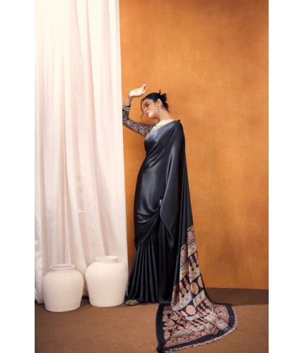 Generic Women's Satin Crepe Printed Saree With Unstitched Blouse 5.5Mtr (Black)