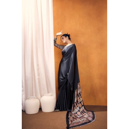 Generic Women's Satin Crepe Printed Saree With Unstitched Blouse 5.5Mtr (Black)